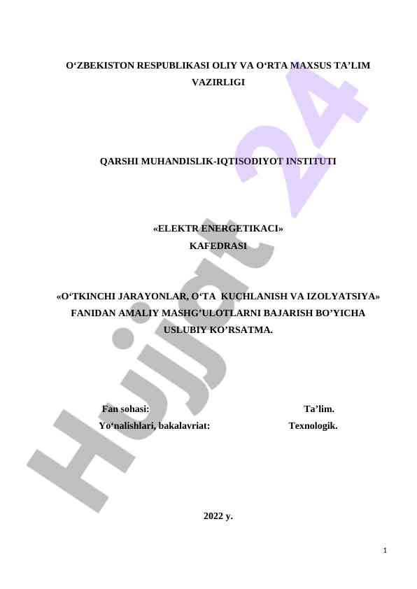Amaliy mashg‘ulotlar uslubiy ko‘rsatmalar elektr energetikasi