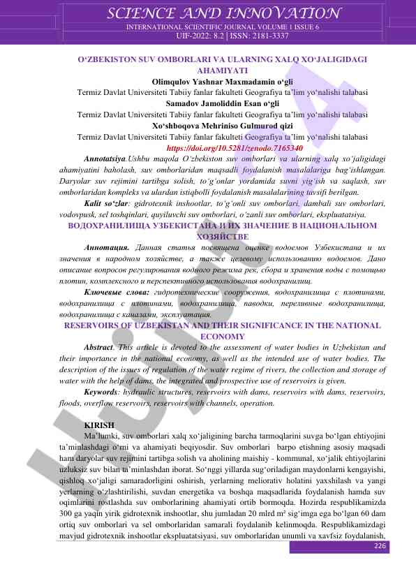 O'zbekiston suv omborlari va ularning xalq xo'jaligidagi ahamiyati