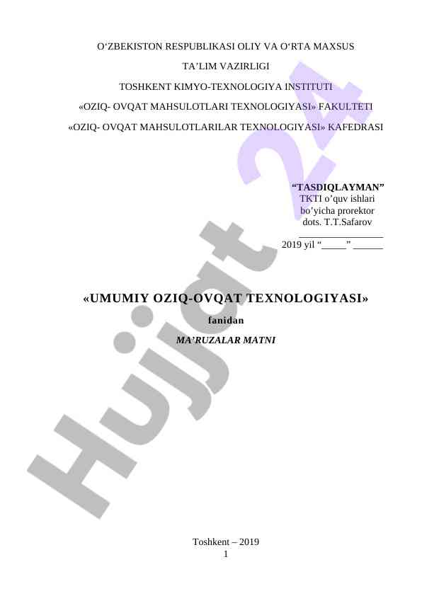 Umumiy oziq-ovqat texnologiyasi ma'ruzalar matni