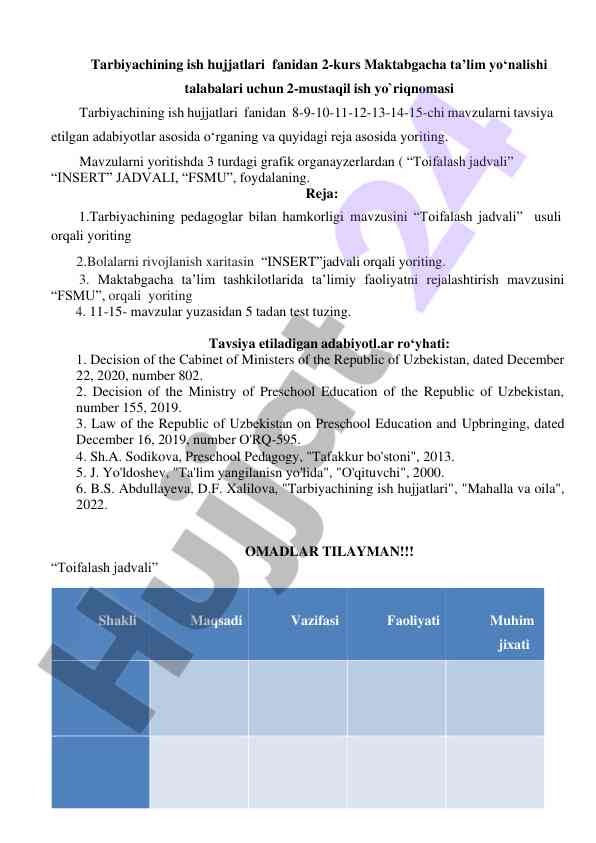 Maktabgacha ta’lim talabalari uchun mustaqil ish yo‘riqnomasi