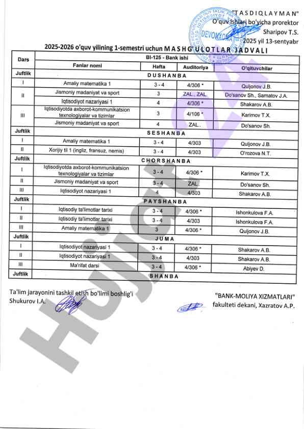 O'quv yilgichining dars jadvali 2025-2026