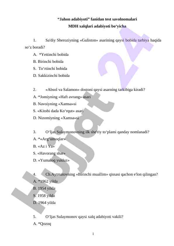 Jahon adabiyoti fanidan test savollari