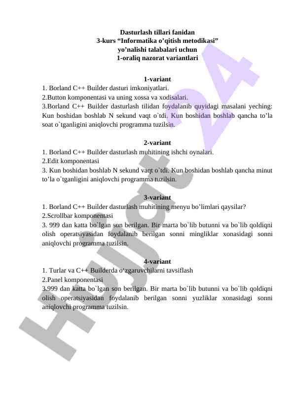 Informatika o‘qitish metodikasi dasturlash nazorat variantlari