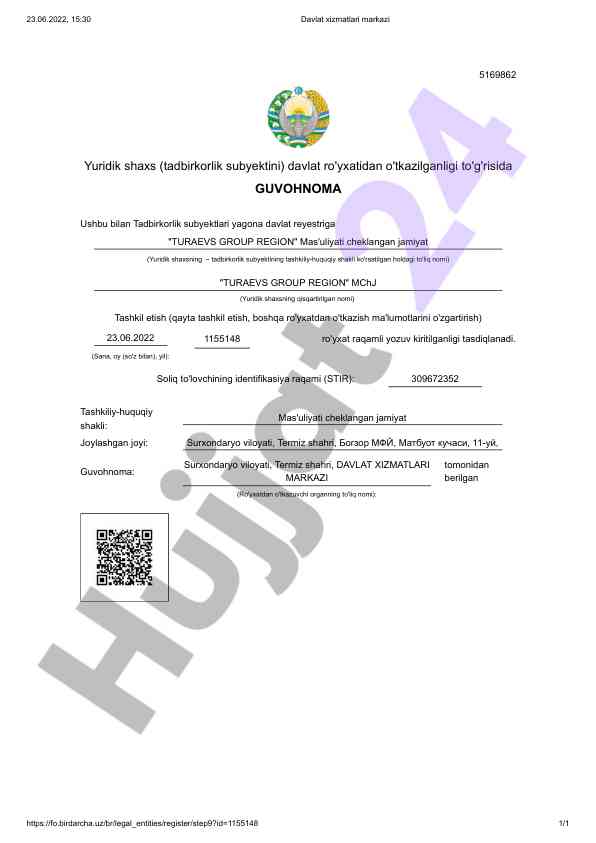 Yuridik shaxs davlat ro'yxatidan o'tkazish guvohnomasi