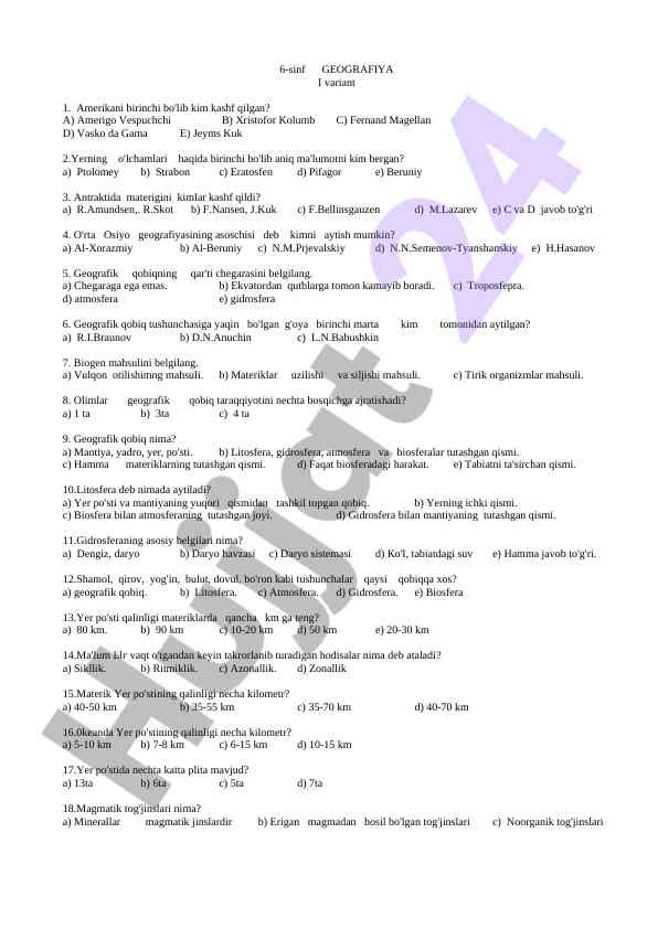 6-sinf geografiya test savollari