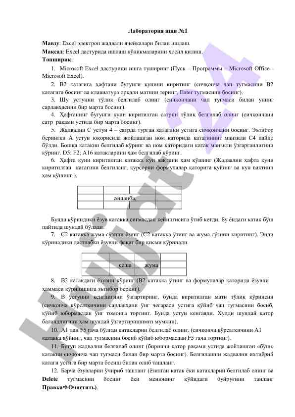 Excel dasturi bilan ishlash bo‘yicha laboratoriya ish