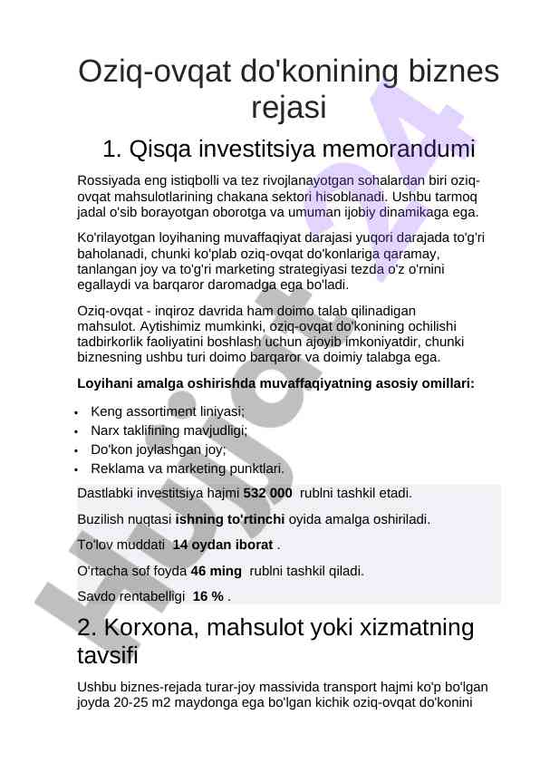 Oziq-ovqat do'koni biznes rejasi va investitsiya