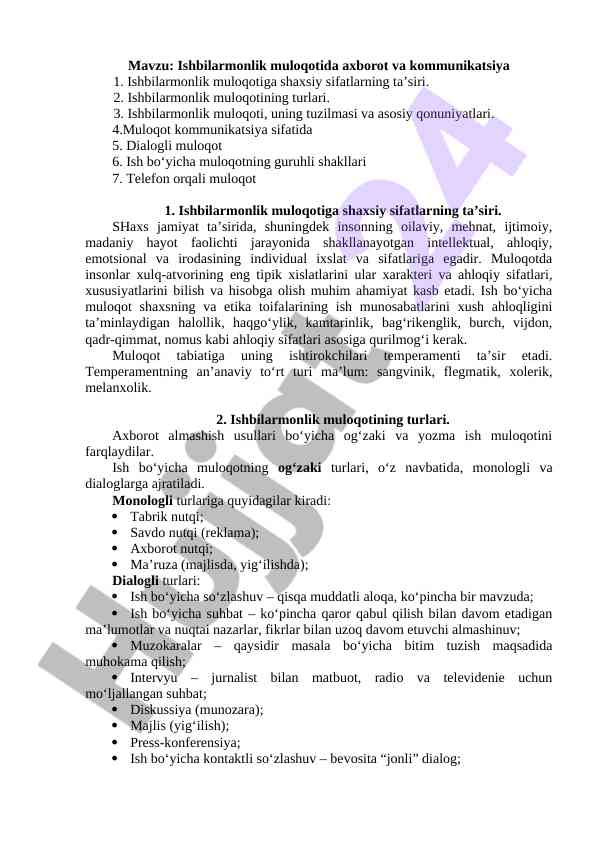 Ishbilarmonlik muloqotida axborot va kommunikatsiya