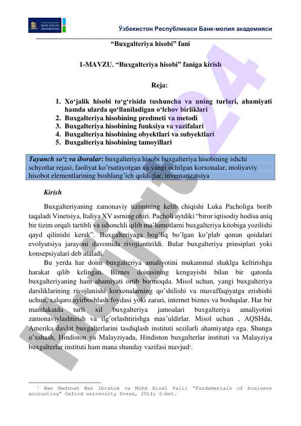Buхgаltеriya hisоbi faniga kirish reja
