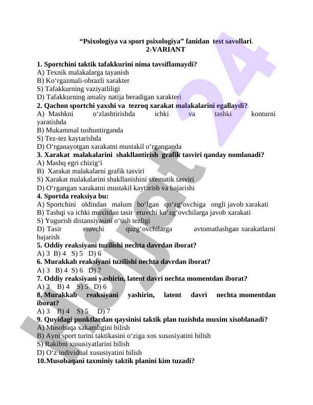 Psixologiya va sport psixologiya test savollari