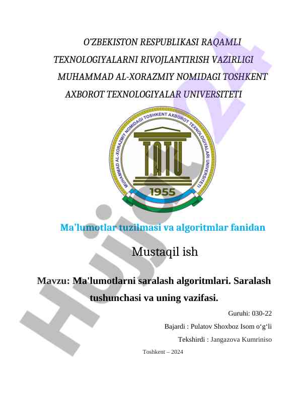 Ma'lumotlarni saralash algoritmlari haqida mustaqil ish
