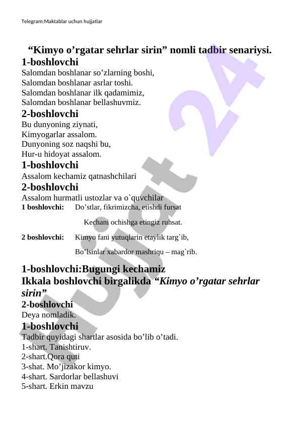 Kimyo o’rgatar sehrlar sirin tadbir senariysi