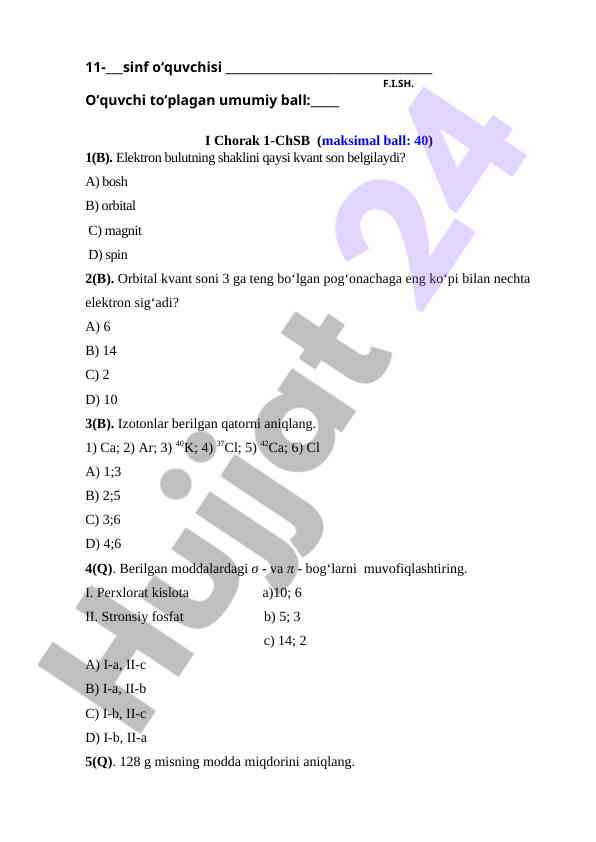 Elektron bulutlari va izotonlarni aniqlash testi