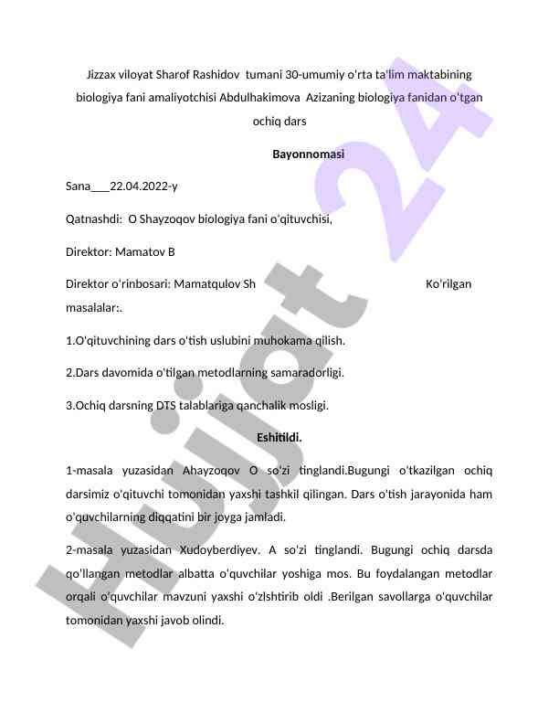 Biologiya fani ochiq dars bayonnomasi