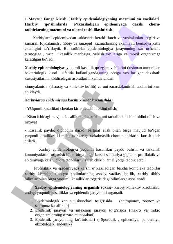 Harbiy epidemiologiyaga kirish va vazifalari