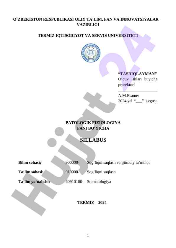Patologik Fiziologiya Fani Bo‘yicha Syllabus