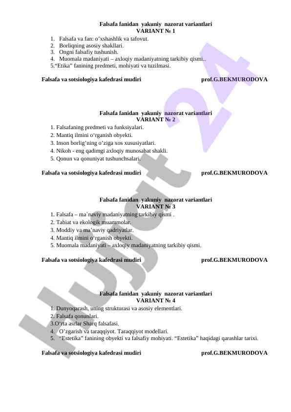 Falsafa fanidan yakuniy nazorat variantlari
