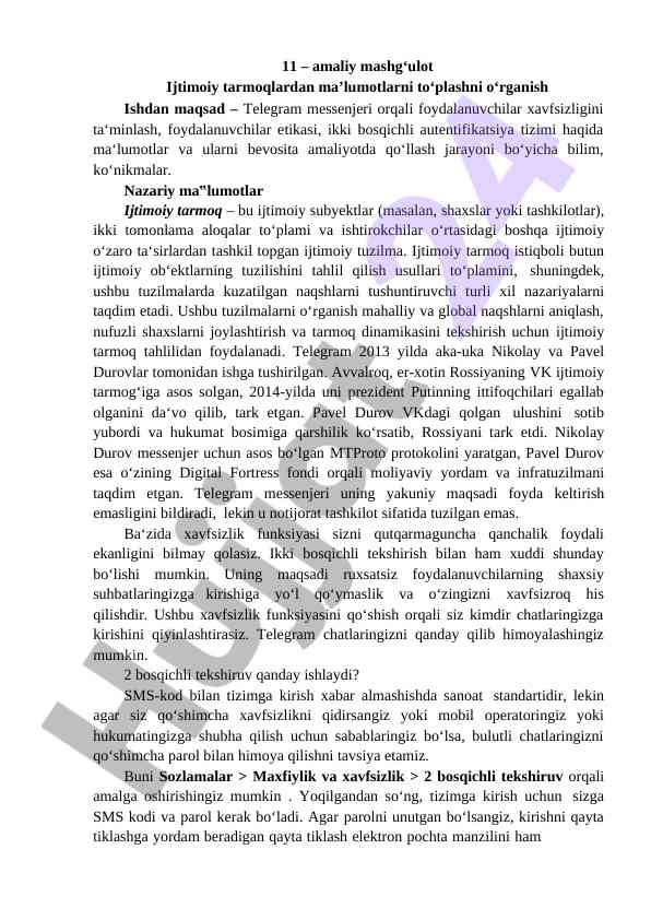 Ijtimoiy tarmoqlardan foydalanish amaliy mashg‘uloti