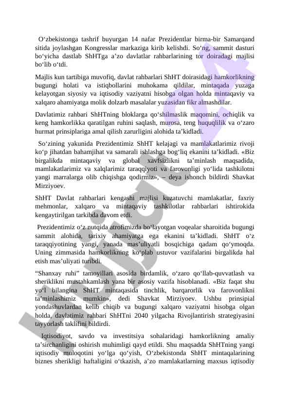 Shht sammiti: mintaqaviy hamkorlikning o‘rni