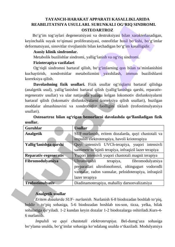 Reabilitasiya usullari bilan osteoartroz davolash