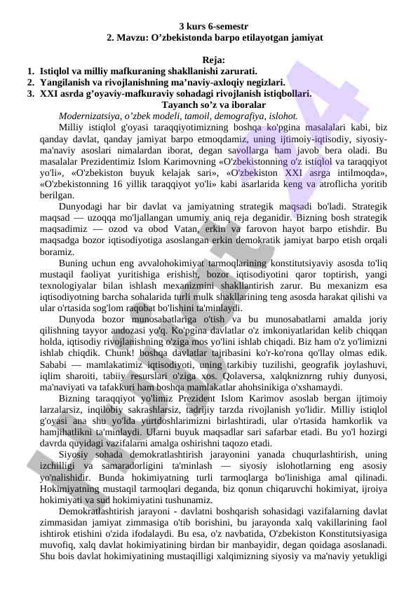 O’zbekistonda barpo etayotgan jamiyatning rivojlanishi