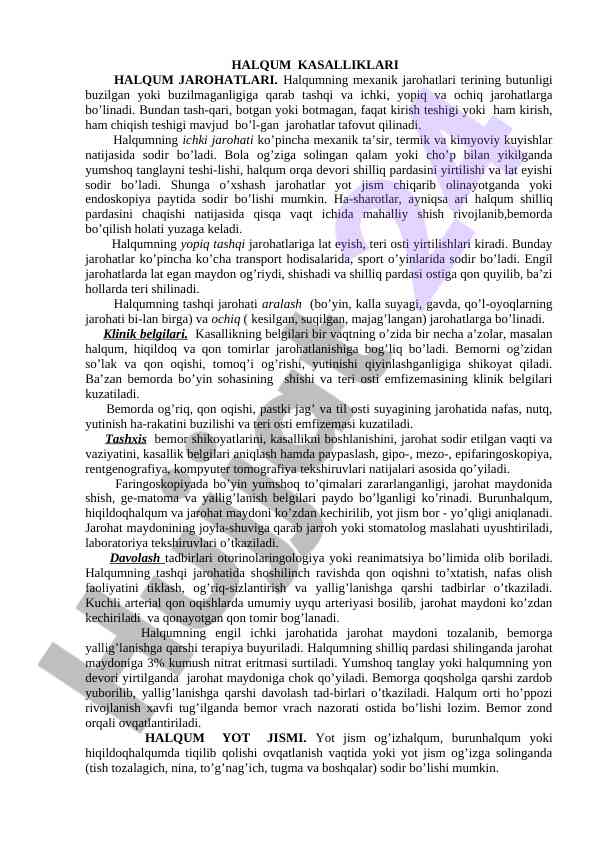 Halqum kasalliklari va jarohatlari tahlili