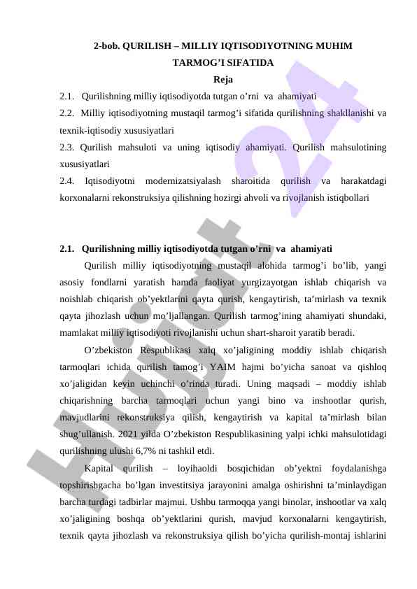 Qurilishning milliy iqtisodiyotdagi ahamiyati