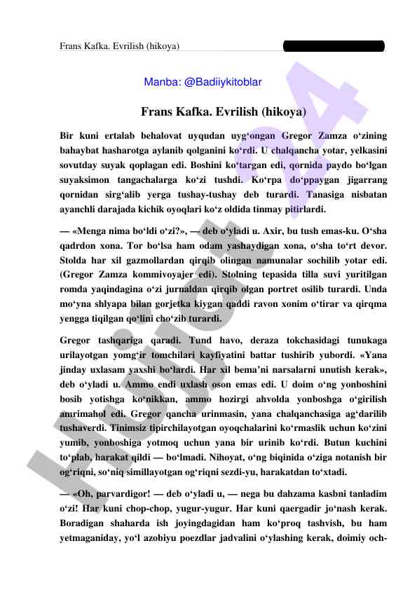 Frans kafka. evrilish hikoyasining tahlili