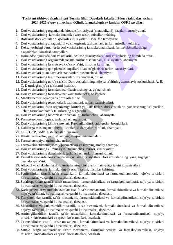 Klinik farmakologiya fanidan oski savollari 2024-2025