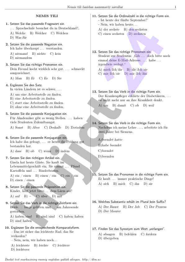 Nemis tili fanidan namunaviy savollar