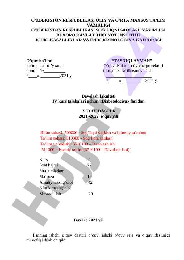 Diabetologiya fanidan ishchi dastur 2021-2022