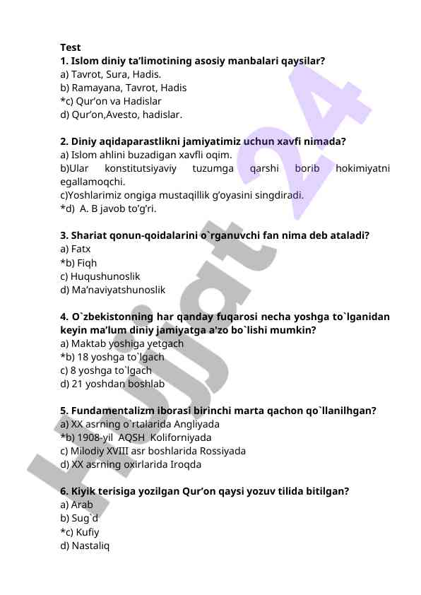 Islom diniy ta'limoti asosiy manbalari bo'yicha test