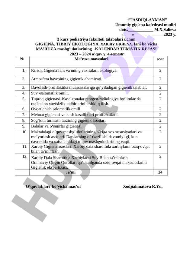 Gigiena va tibbiy ekologiya kalendar rejasi
