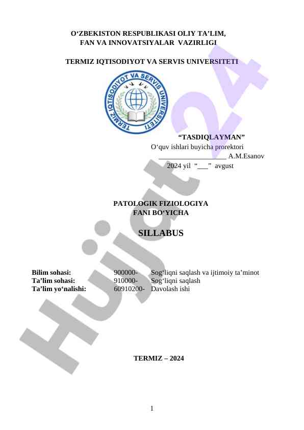 Patologik fiziologiya fani bo‘yicha sillabus 2024