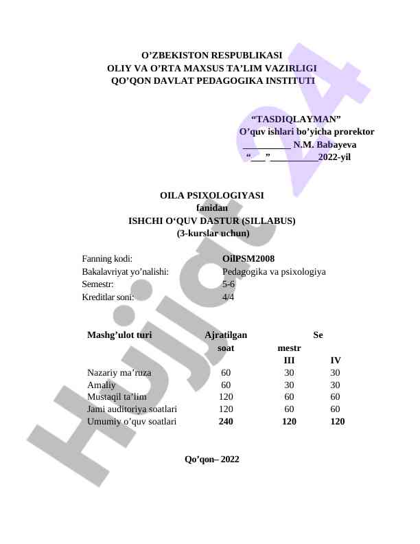 Oila psixologiyasi fanidan ishchi oʻquv dastur