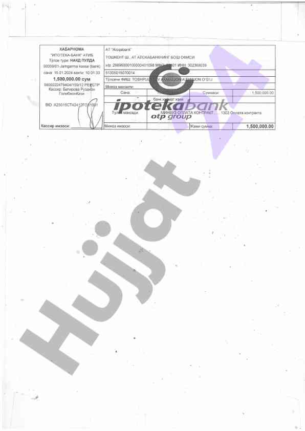 Ipoteqa-bank tulov turi va moliya ma'lumotlari