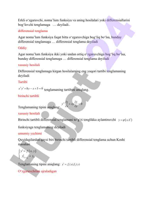 Birinchi tartibli differensial tenglamalar tahlili
