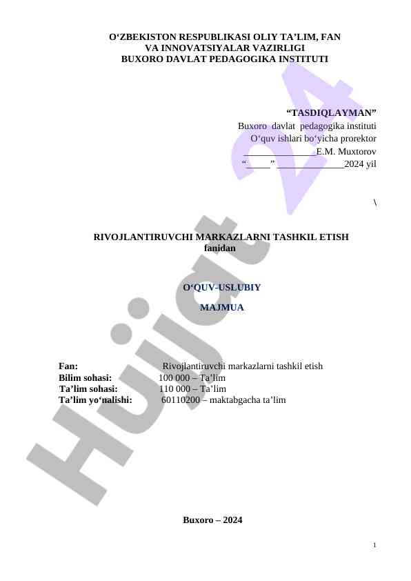 Rivojlantiruvchi markazlarni tashkil etish o‘quv-uslubiy majmua