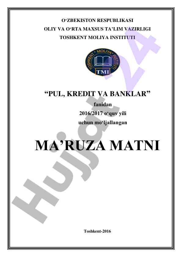 Pul, kredit va banklar fanidan ma’ruza matni