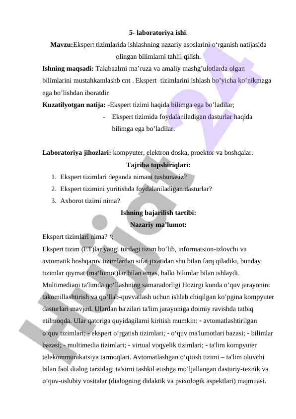 Ekspert tizimlari bilan ishlash nazariyasi