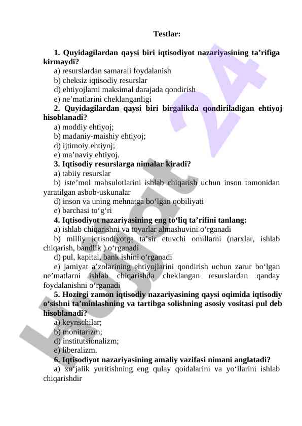 Iqtisodiyot nazariyasi test savollari