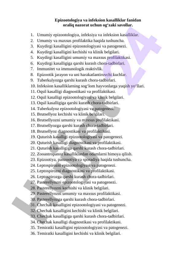 Epizootologiya va infeksion kasalliklar savollari