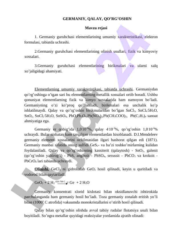 Germaniy Guruhchasi Elementlarining Umumiy Xarakatlari
