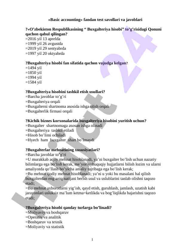 Test savollari va javoblari buxgalteriya hisobi