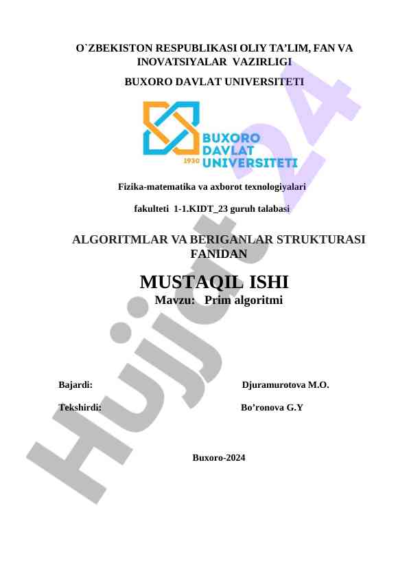 Prim algoritmi va minimal tejamkor daraxt