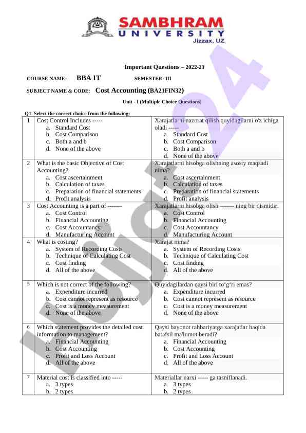 Essential questions for cost accounting course