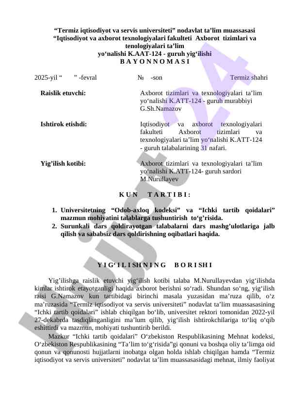 Universitet yig‘ilishi bayo nomasi 2025-yil