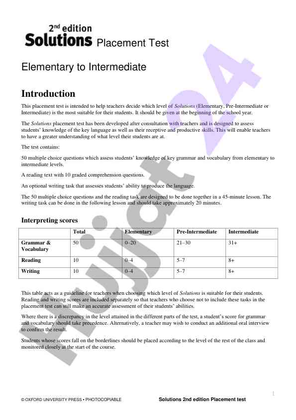 Solutions placement test for elementary to intermediate