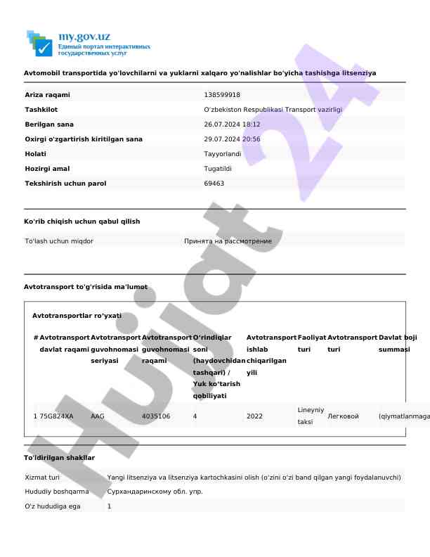 Avtomobil transportida yo'lovchilarni tashish licenziyasi