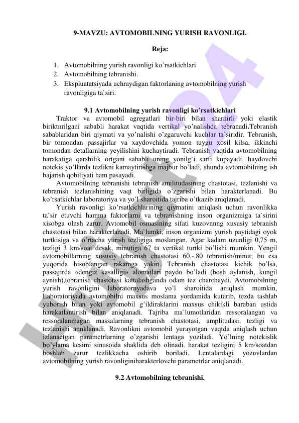 Avtomobilning yurish ravonligi ko‘rsatkichlari